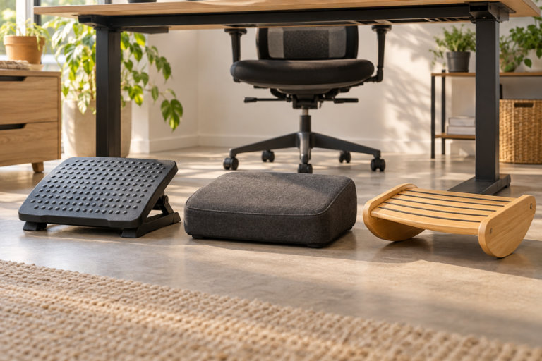 Três tipos de apoio para os pés usados embaixo de uma mesa de escritório