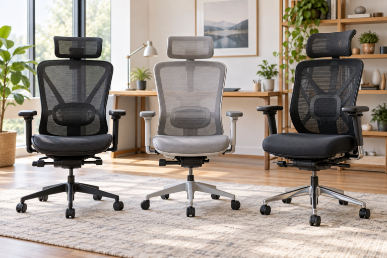 Três cadeiras ergonômicas com encosto em tela e ajustes para home office