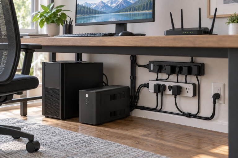 Nobreak e filtros de linha protegendo equipamentos de um home office