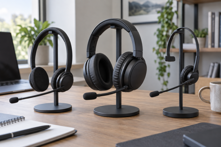 Três tipos de headset com microfone para videoconferências