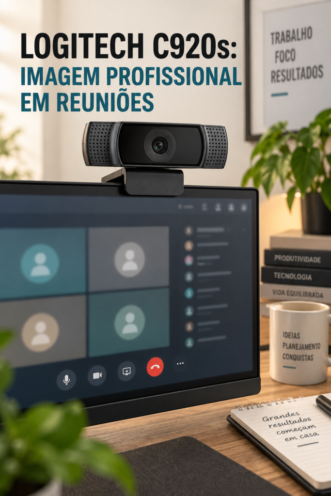 Webcam Logitech C920s instalada sobre monitor em um home office durante uma videoconferência