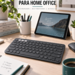 Teclado compacto Logitech K380s em uma mesa organizada de home office