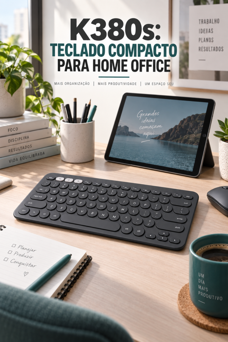 Teclado compacto Logitech K380s em uma mesa organizada de home office