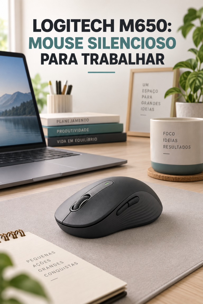 Mouse sem fio Logitech M650 em uma mesa de home office