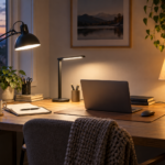 Três estilos de luminária de mesa iluminando um home office à noite