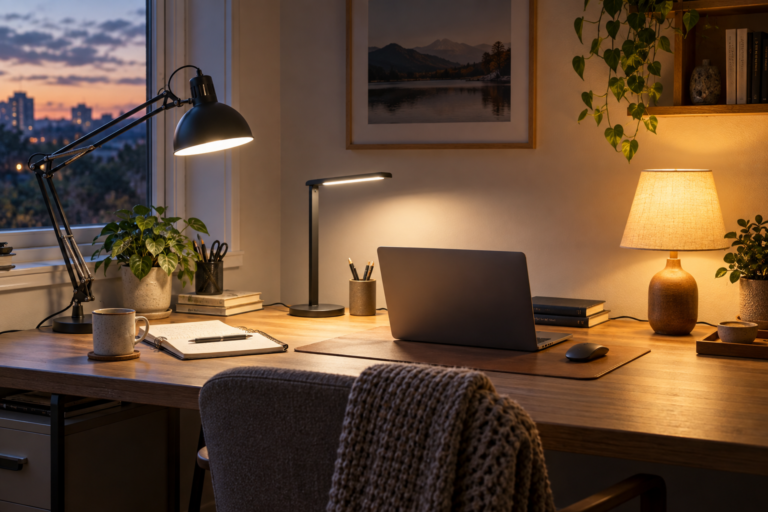 Três estilos de luminária de mesa iluminando um home office à noite