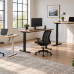 Três modelos de mesa com regulagem de altura em posições diferentes