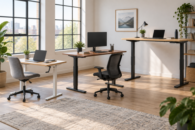 Três modelos de mesa com regulagem de altura em posições diferentes