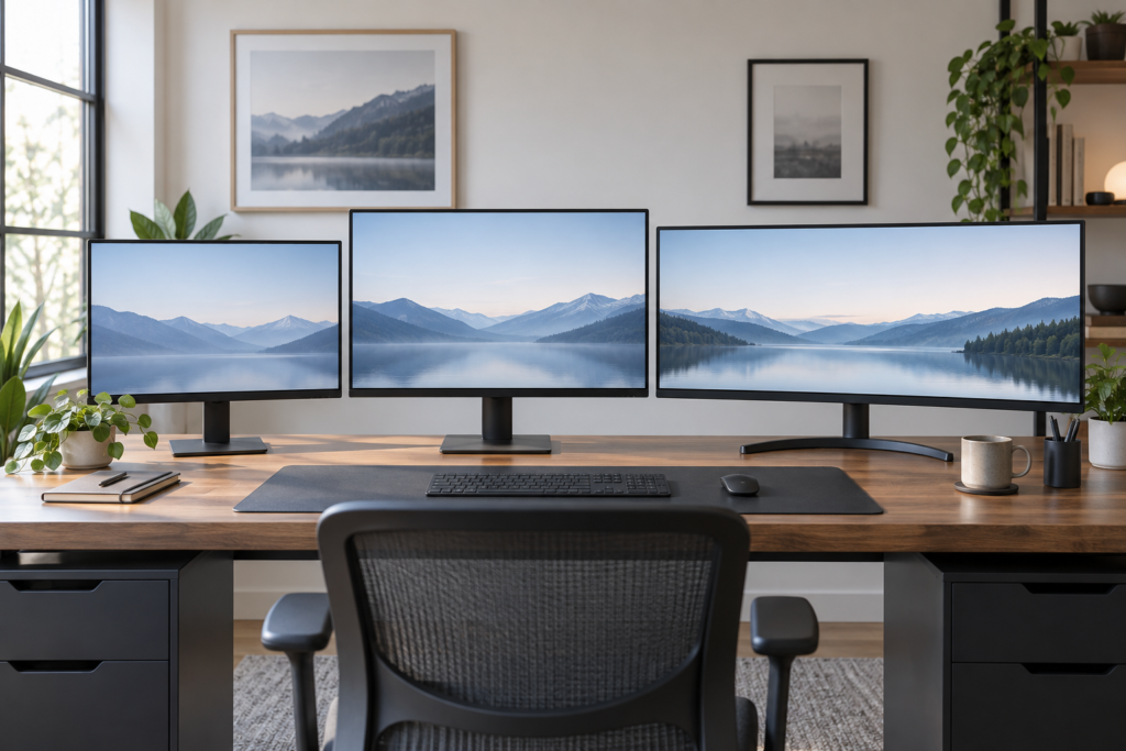 Comparação visual entre monitores de 24, 27 polegadas e ultrawide para produtividade