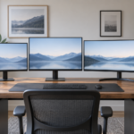 Comparação visual entre monitores de 24, 27 polegadas e ultrawide para produtividade