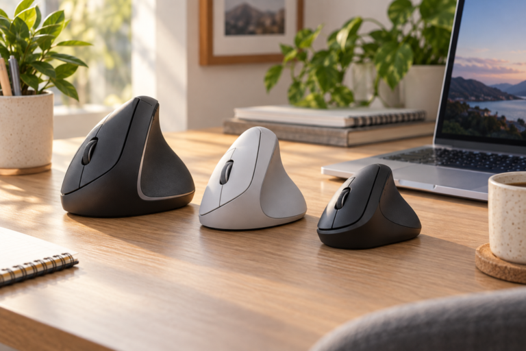 Três modelos de mouse ergonômico vertical comparados em uma mesa de home office
