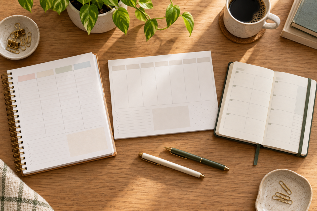 Três formatos de planner semanal organizados sobre uma mesa