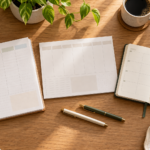 Três formatos de planner semanal organizados sobre uma mesa