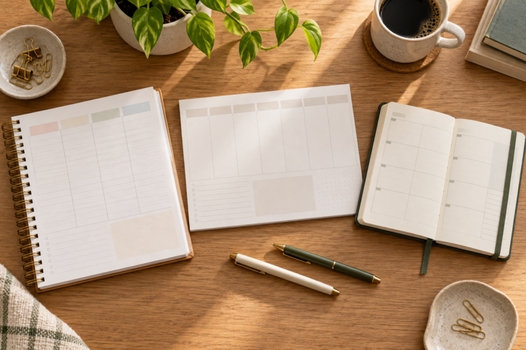 Três formatos de planner semanal organizados sobre uma mesa