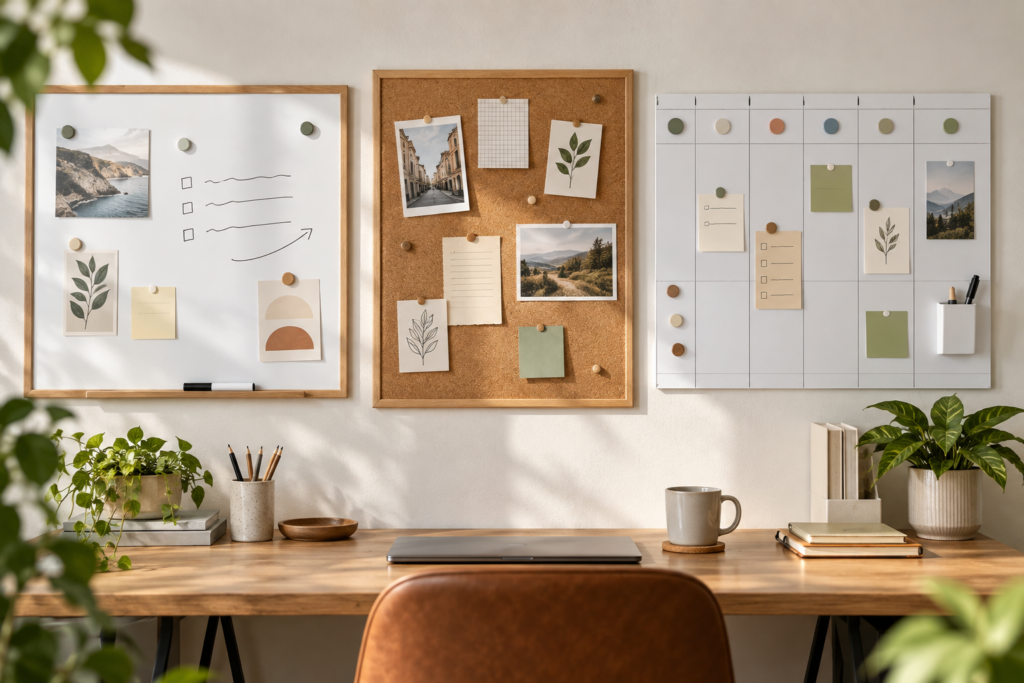 Quadro branco, painel de cortiça e quadro magnético para planejamento visual