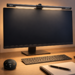 Barra de luz Quntis ScreenLinear HY214 instalada sobre monitor, iluminando teclado sem reflexo na tela