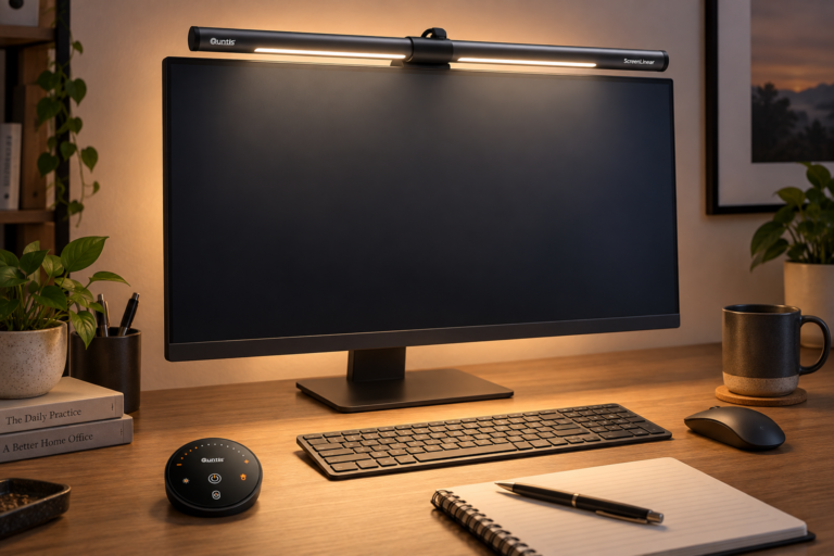 Barra de luz Quntis ScreenLinear HY214 instalada sobre monitor, iluminando teclado sem reflexo na tela