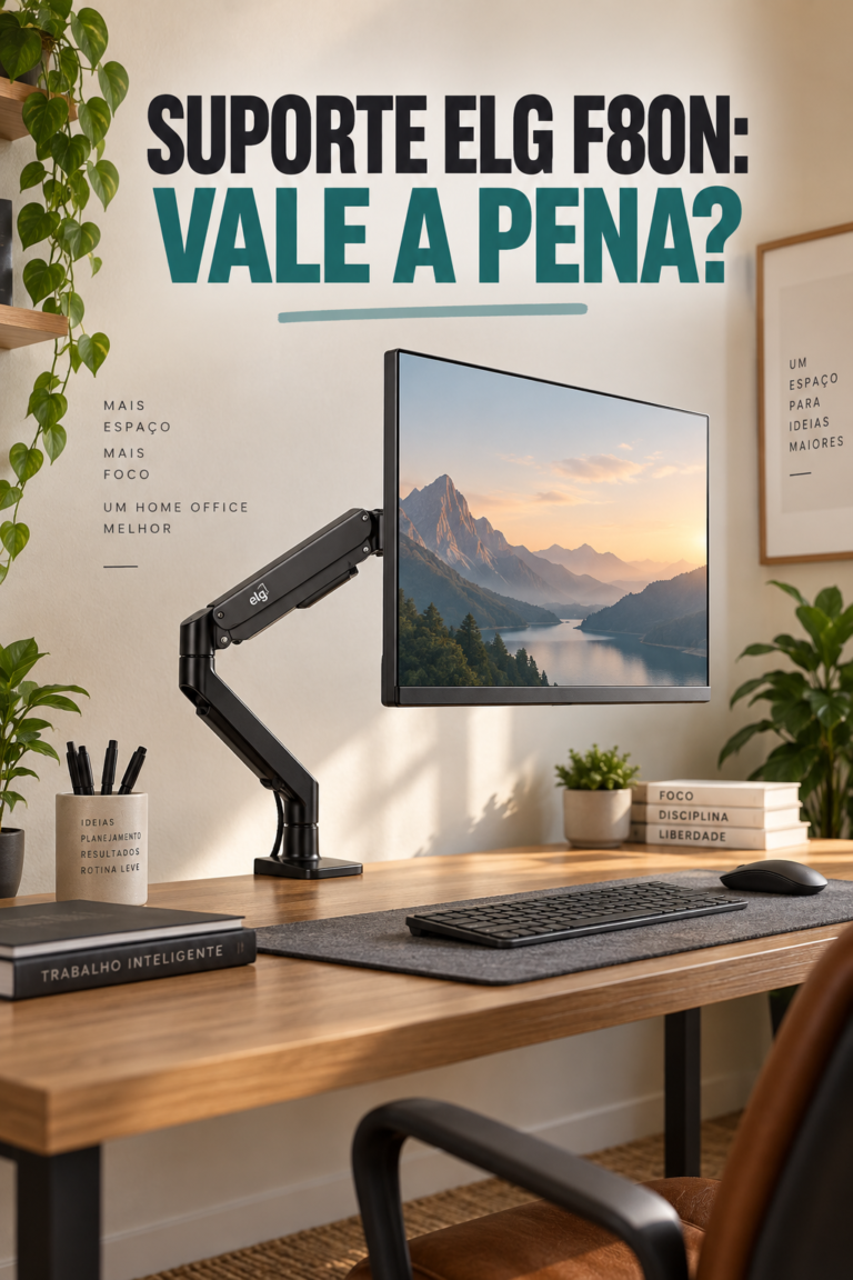 Suporte articulado ELG F80N sustentando um monitor em uma mesa de home office