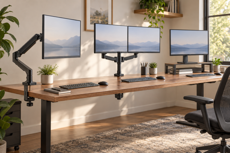 Comparação entre braço articulado, suporte duplo e base elevatória para monitor