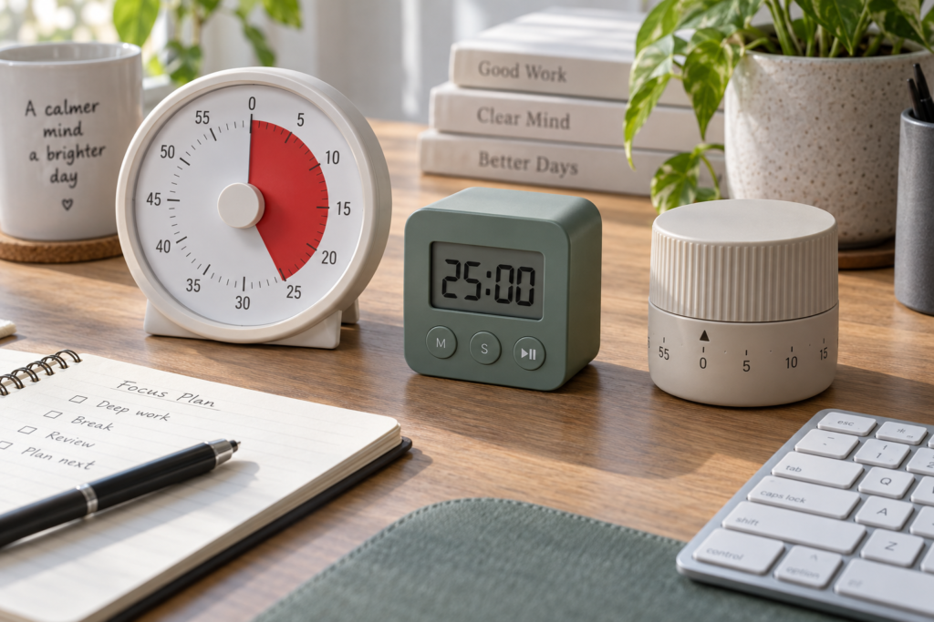 Três tipos de temporizador Pomodoro sobre uma mesa de trabalho