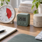 Três tipos de temporizador Pomodoro sobre uma mesa de trabalho
