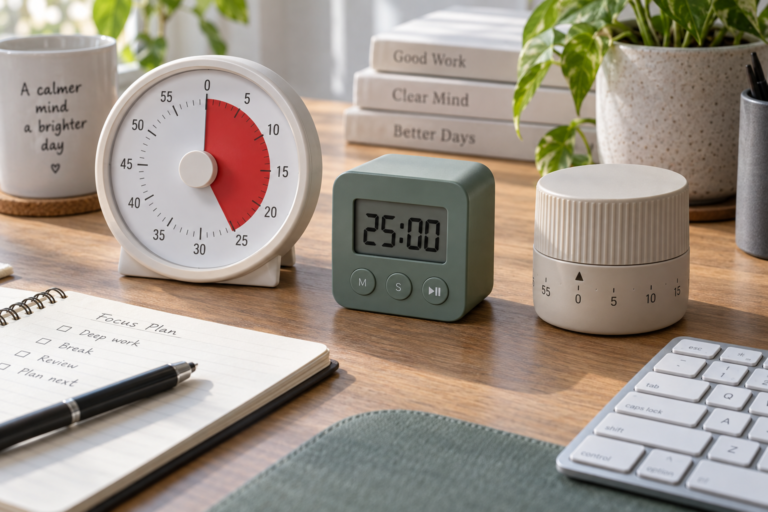 Três tipos de temporizador Pomodoro sobre uma mesa de trabalho