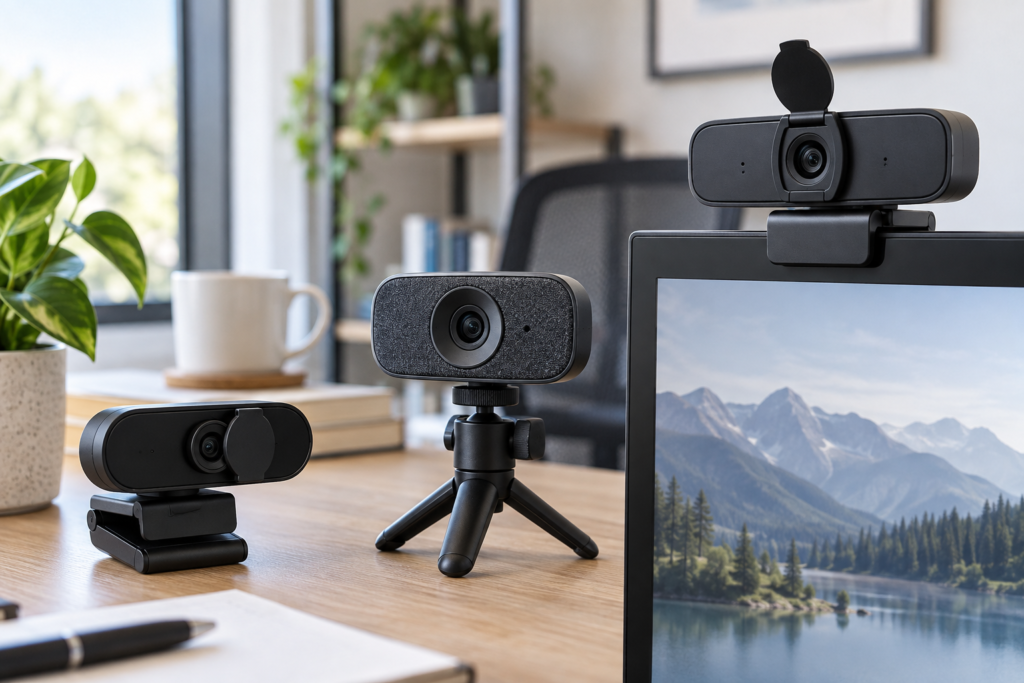 Três modelos de webcam para reuniões em um ambiente de home office