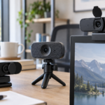 Três modelos de webcam para reuniões em um ambiente de home office