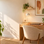 Home office pequeno decorado com mesa compacta, luminária e plantas