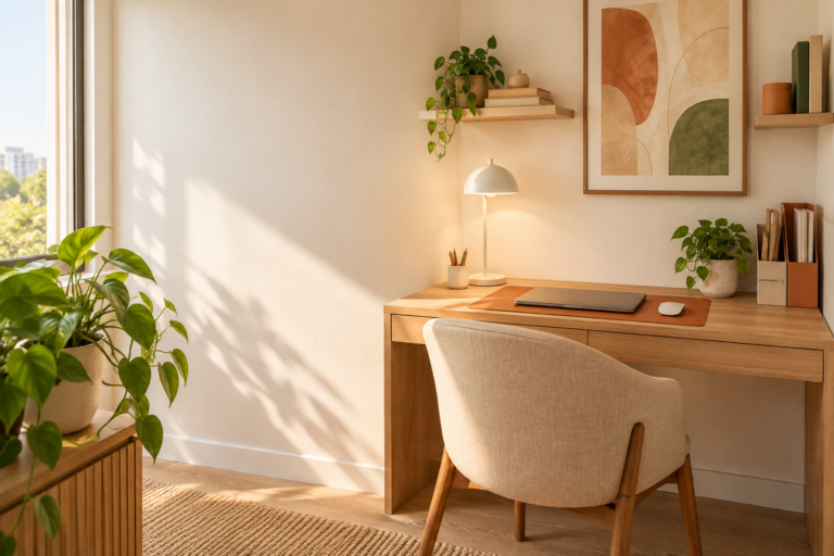 Home office pequeno decorado com mesa compacta, luminária e plantas