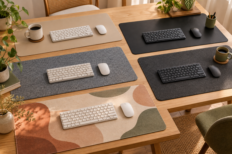 Cinco desk mats de materiais e cores diferentes para home office