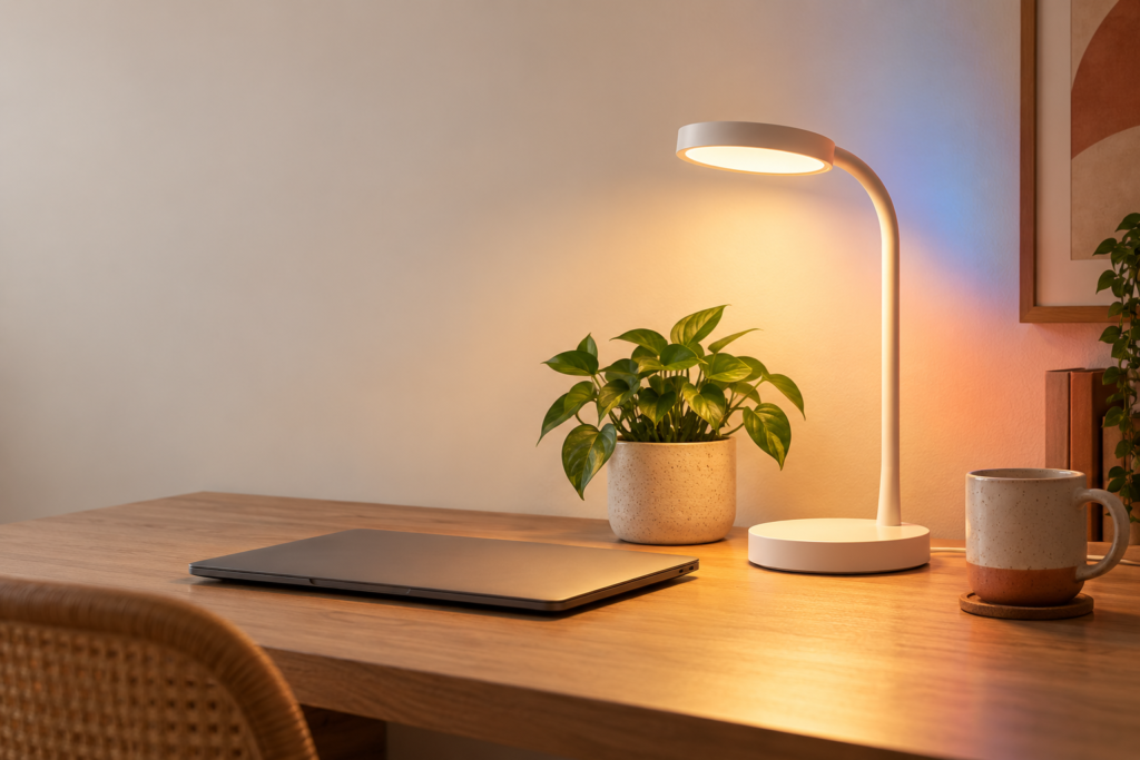 Luminária inteligente branca iluminando uma mesa de home office