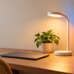 Luminária inteligente branca iluminando uma mesa de home office